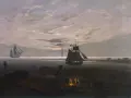 Dwa żaglowce na morzu, w oddali latarnia morska. Na pierwszym planie dwaj mężczyźni przy ognisku, typowe dla caspar david friedrich dzieła.