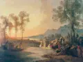 Norblin malarz uchwycił scenę nad rzeką: łódź z rybakami, tłum ludzi na brzegu i górzysty krajobraz w tle.