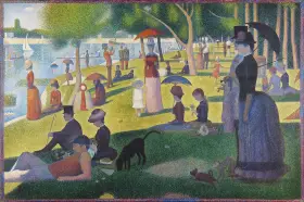 Niedzielne popołudnie na wyspie Grande Jatte. Ludzie odpoczywają nad wodą, bawią się psy, żagle łodzi kołyszą się na falach.