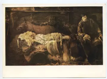 Malczewski przy łóżku chorej Ellenai, która leży otulona futrem. Mężczyzna czyta książkę, pogrążony w smutku.