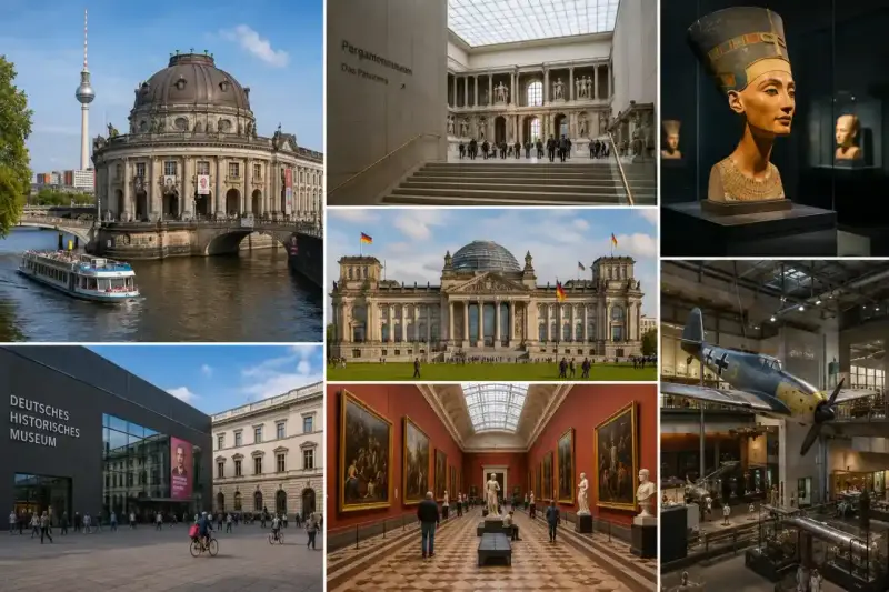 Berlin: Reichstag, Muzeum Historyczne Niemiec, Pergamonmuseum, a state dinner cruise, a plane exhibit, and Nefertiti's bust.