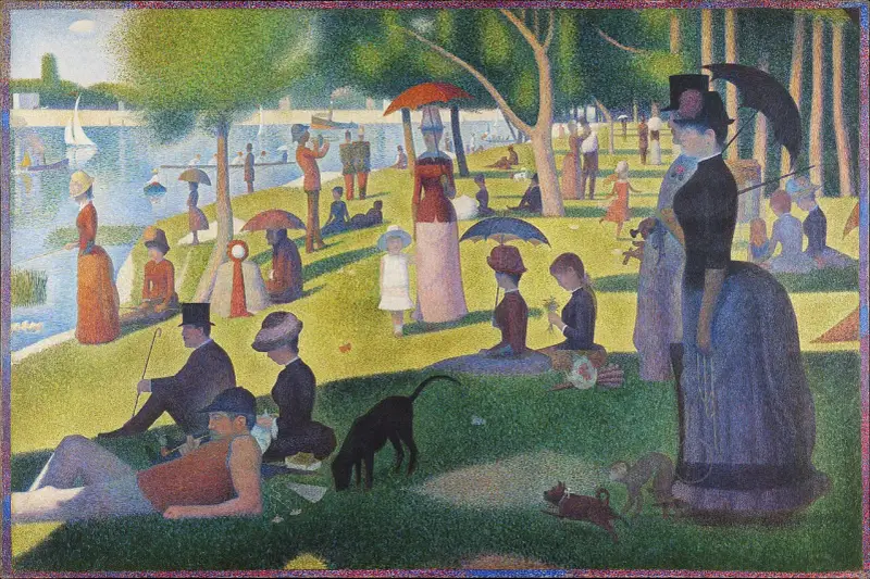 Niedzielne popołudnie na wyspie Grande Jatte. Ludzie odpoczywają nad wodą, bawią się psy, żagle łodzi kołyszą się na falach.